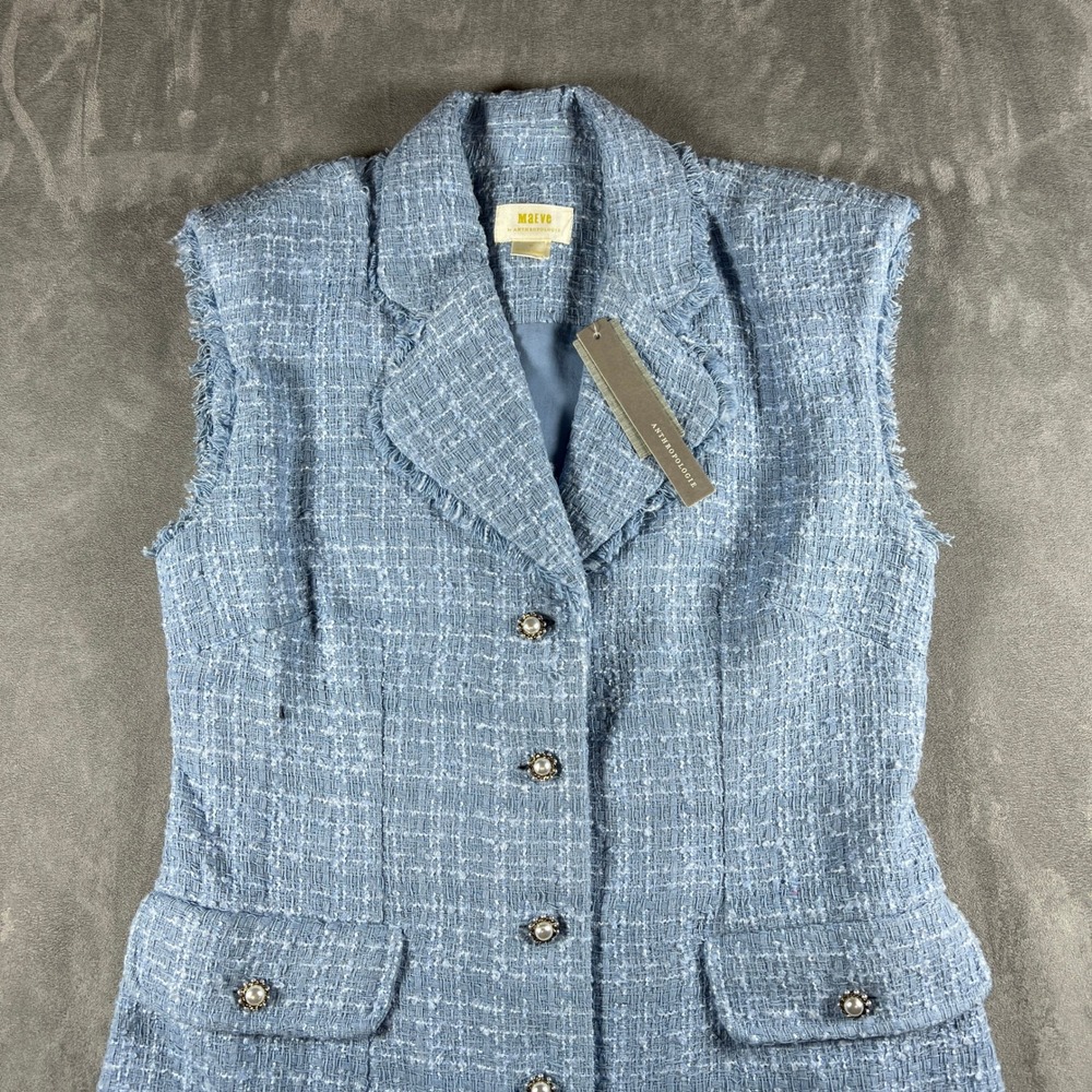 NWT Maeve Anthropologie Blue Tweed Longline Vest Pearl Button Frayed Trim 6P - Picture 2 of 11